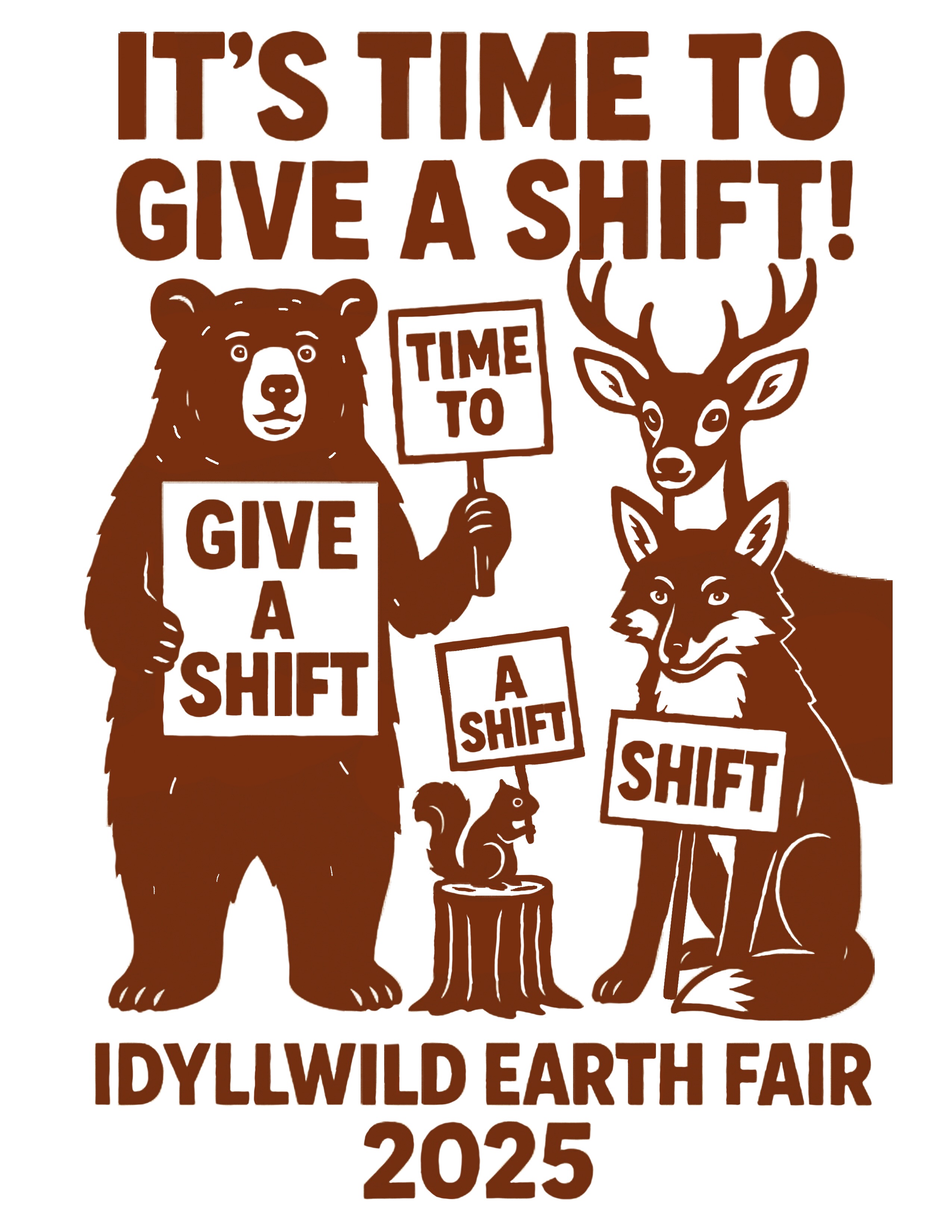 2025 Earth Fair Theme Artwork by Caitlin Hamilton featuring local wildlife holding signs that spell out 'It's Time to Give a Shift!'